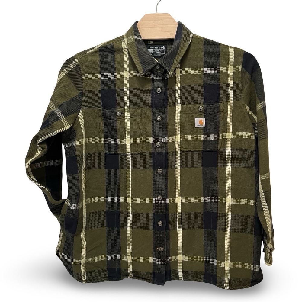 Carhartt Loose Fit Plaid Flannel Shirt XL Olive Green Black 105036 G72